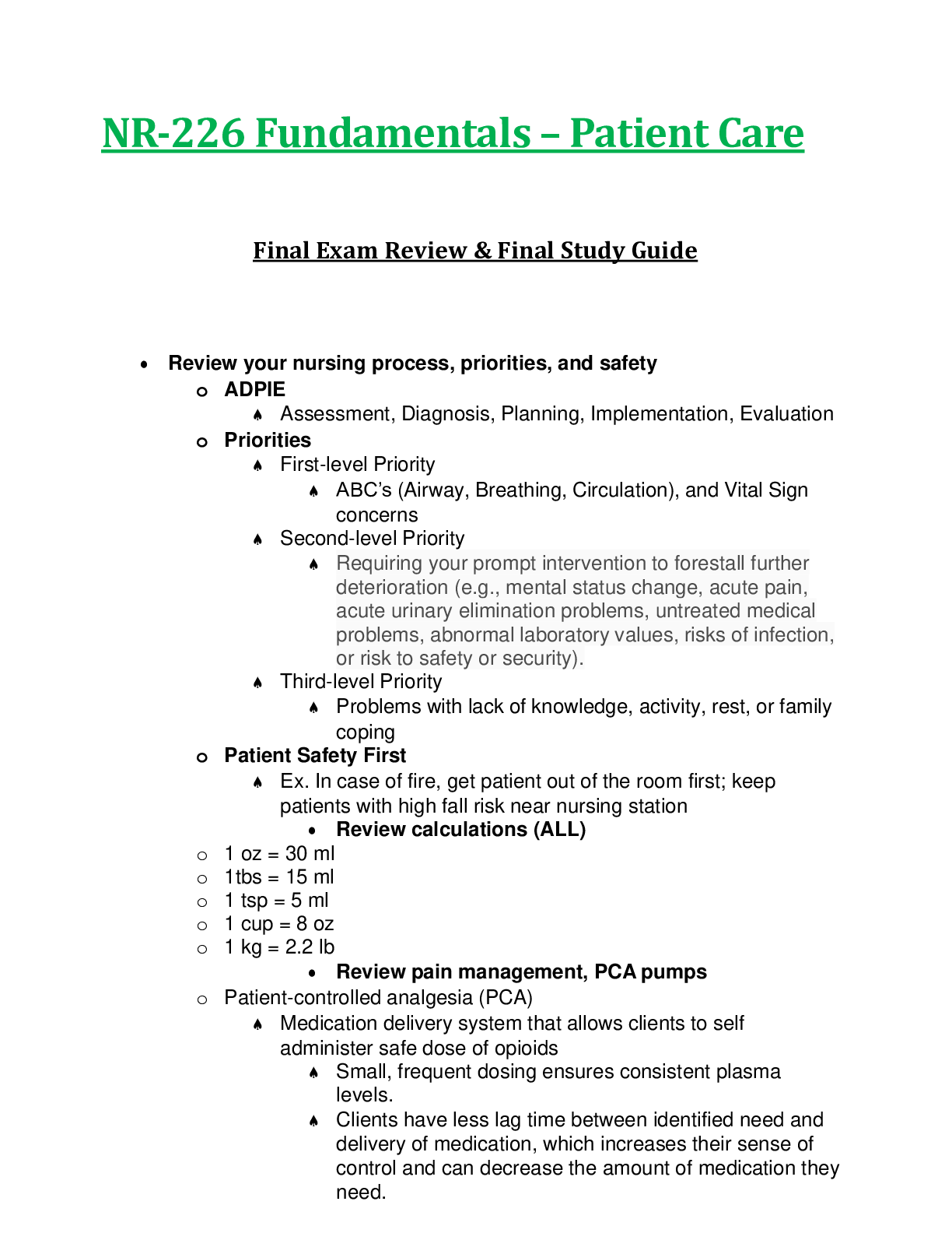Preview of NR226 / NR-226 Final Exam Review & Study Guide  : Fundamentals [Patient Care] - Chamberlai